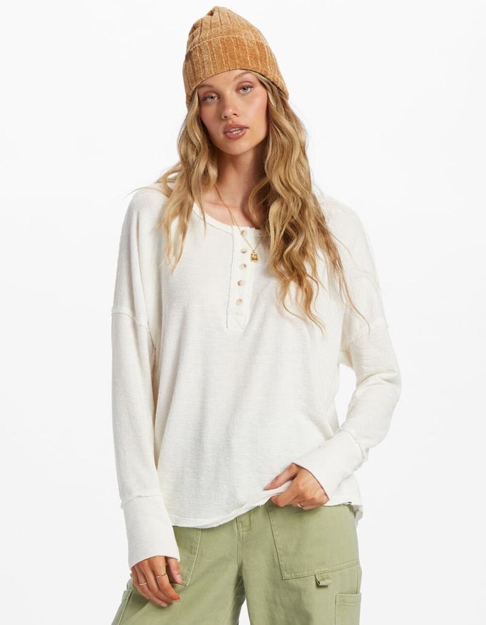 BillaBong New Anyday Textured Bohemian Lightweight Henley Top in Cream Casual
